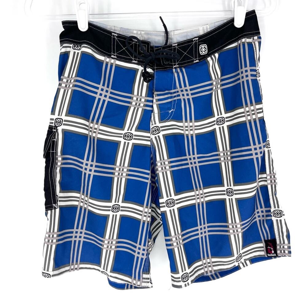 Maui Built Plaid Board Shorts Swim Trunks Blue‎ White Black Mens Size 28